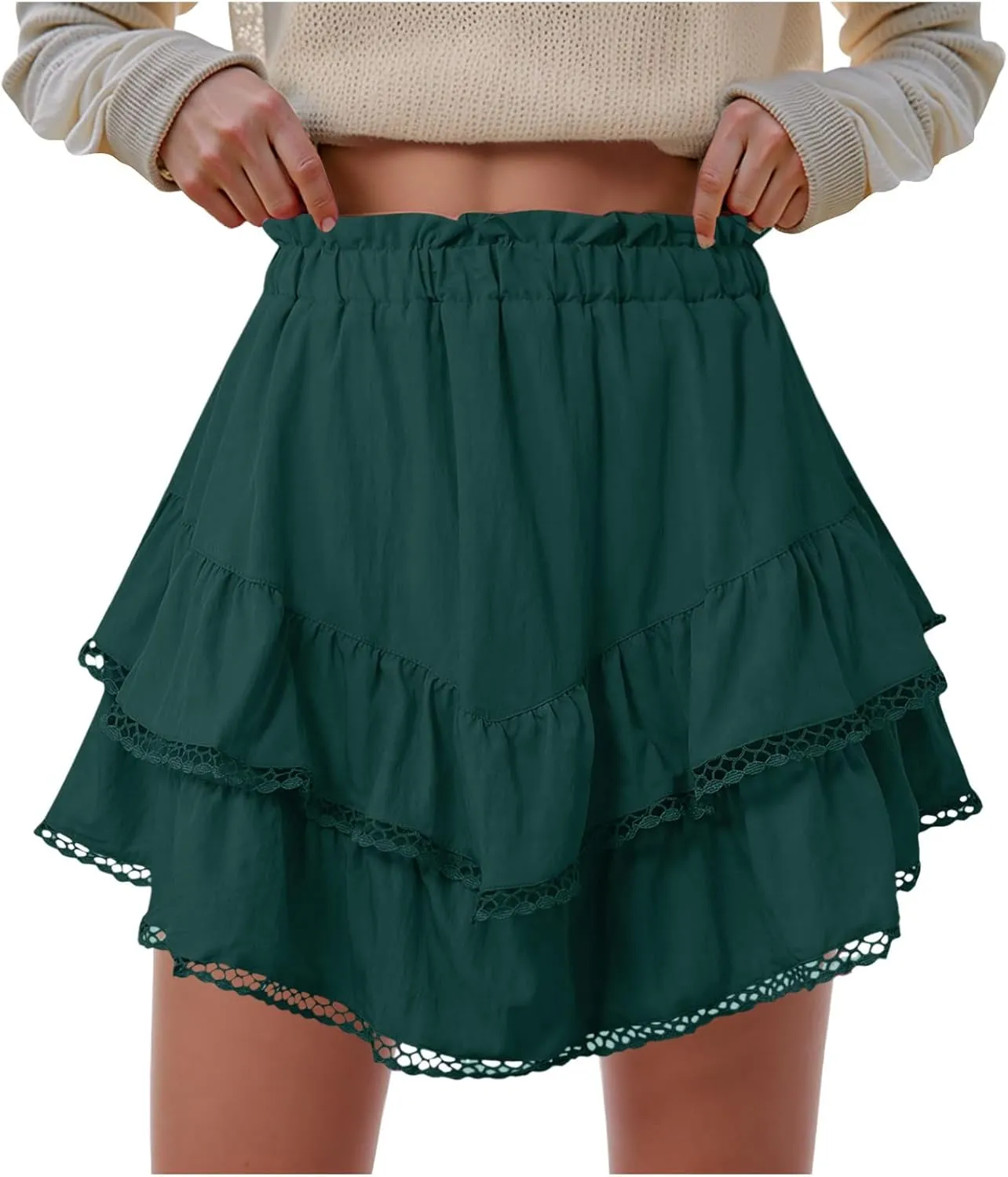 Rvidbe Flowy Skirts for Women,Casual Boho Ruffle Tiered Skorts Elastic High Waisted Mini Skirts Solid Color Flowy Skirts