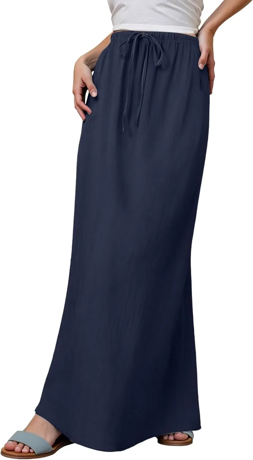 Rvidbe Linen Skirts for Women,Summer Casual Solid Color Boho Flowy Long Skirts Drawstring A Line Skirt Beach Cover Up Skirts