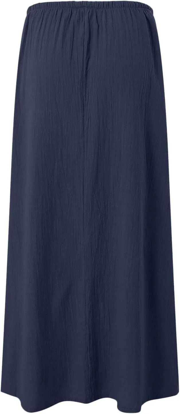 Rvidbe Linen Skirts for Women,Summer Casual Solid Color Boho Flowy Long Skirts Drawstring A Line Skirt Beach Cover Up Skirts