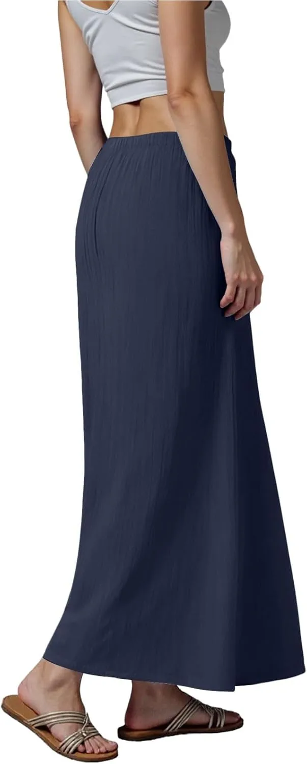 Rvidbe Linen Skirts for Women,Summer Casual Solid Color Boho Flowy Long Skirts Drawstring A Line Skirt Beach Cover Up Skirts