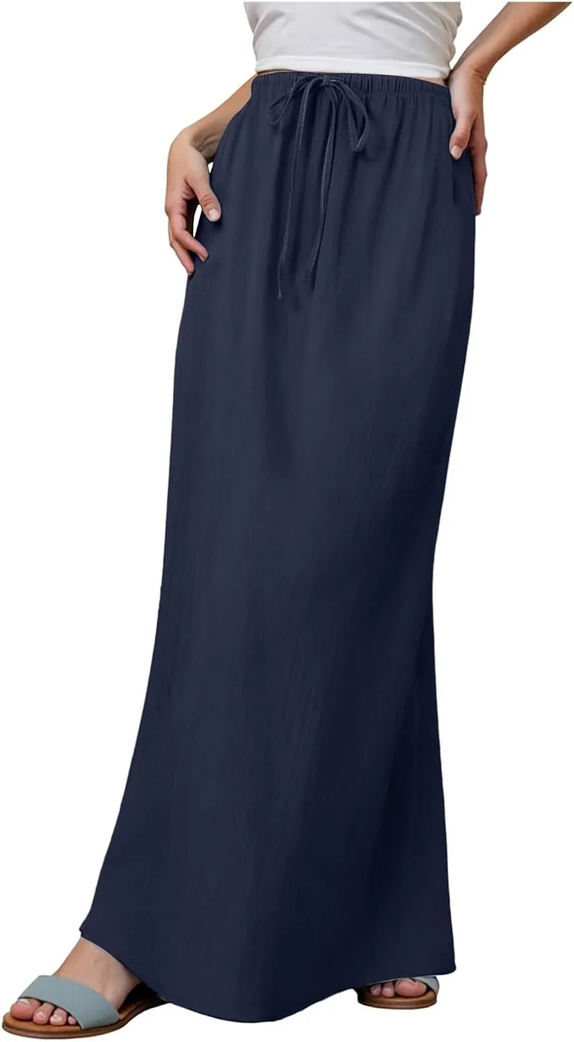 Rvidbe Linen Skirts for Women,Summer Casual Solid Color Boho Flowy Long Skirts Drawstring A Line Skirt Beach Cover Up Skirts