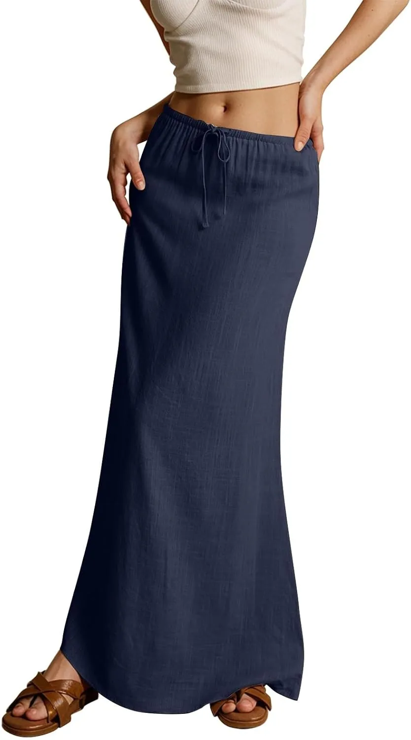 Rvidbe Linen Skirts for Women,Summer Casual Solid Color Boho Flowy Long Skirts Drawstring A Line Skirt Beach Cover Up Skirts