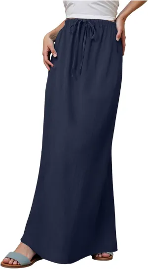 Rvidbe Linen Skirts for Women,Summer Casual Solid Color Boho Flowy Long Skirts Drawstring A Line Skirt Beach Cover Up Skirts