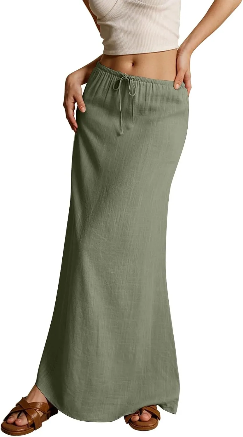 Rvidbe Spring Skirts for Women 2025 Summer Comfy Drawstring Sexy Low Waist Cotton Linen Skirts Vacation Boho Flowy Skirts