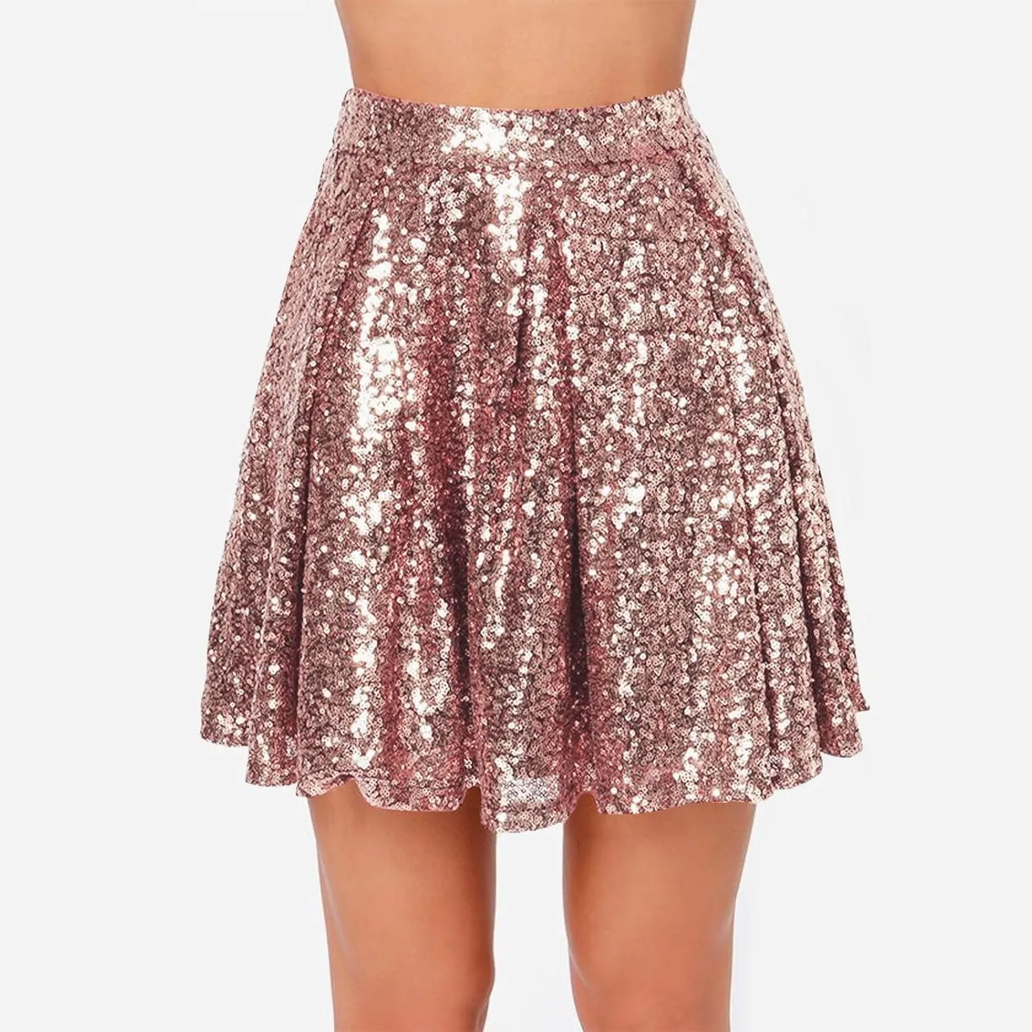 Sequin Mini Skirt for Women A-line Basic Skirt Stretchy Flared Casual Pleated Sparkly Skater Skirts Short Rave Skirt