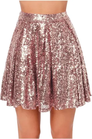 Sequin Mini Skirt for Women A-line Basic Skirt Stretchy Flared Casual Pleated Sparkly Skater Skirts Short Rave Skirt