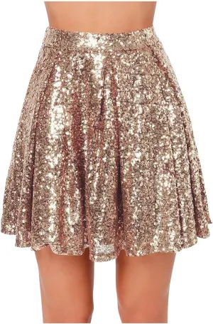 Sequin Skirt for Women Elastic Waist Sparkly A-Line Sparlky Skirts with Lining Casual Fashion Holiday Dance Skirt