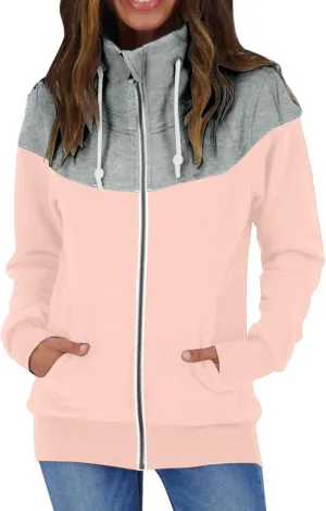 SHAOBGE Zip Sweatshirts for Women Womens Casual Solid Contrast Long Sleeve Zipper Coat Pocket Fleece Hoodie Women Zip up