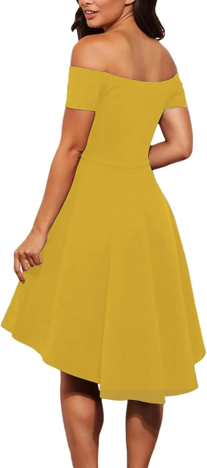 Shenbolen Womens Off Shoulder Short Sleeve Evening Dress Cocktail Skater Dresses