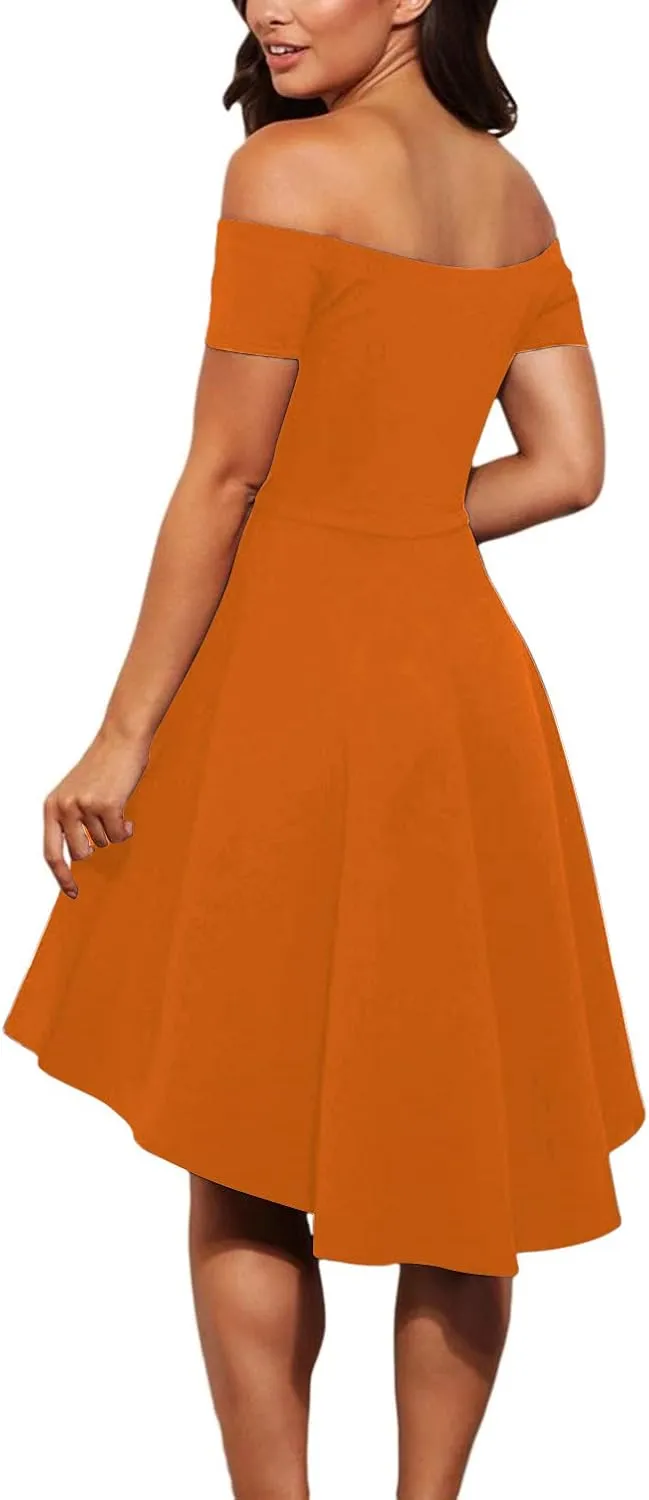 Shenbolen Womens Off Shoulder Short Sleeve Evening Dress Cocktail Skater Dresses