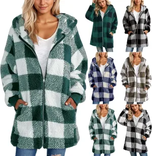 Sherpa Fleece Jacket Women Full Zip Up Plus Size Plaid Shacket Oversized Hooded Sweatshirt Trendy Winter Coat Outwear