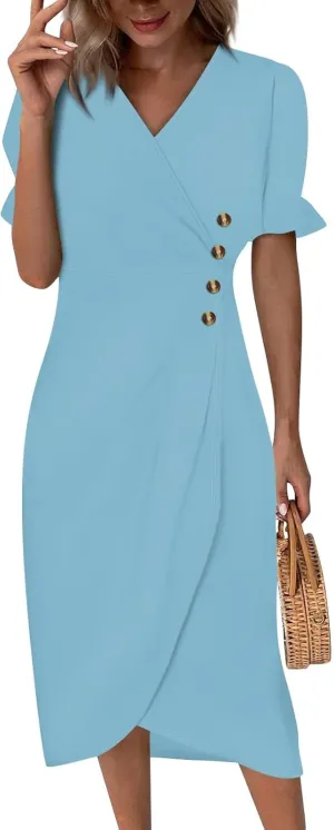 Shift Dresses for Women Faux Wrap Irregular Hem Boho Midi-Dress Elegant Summer Trendy 2025