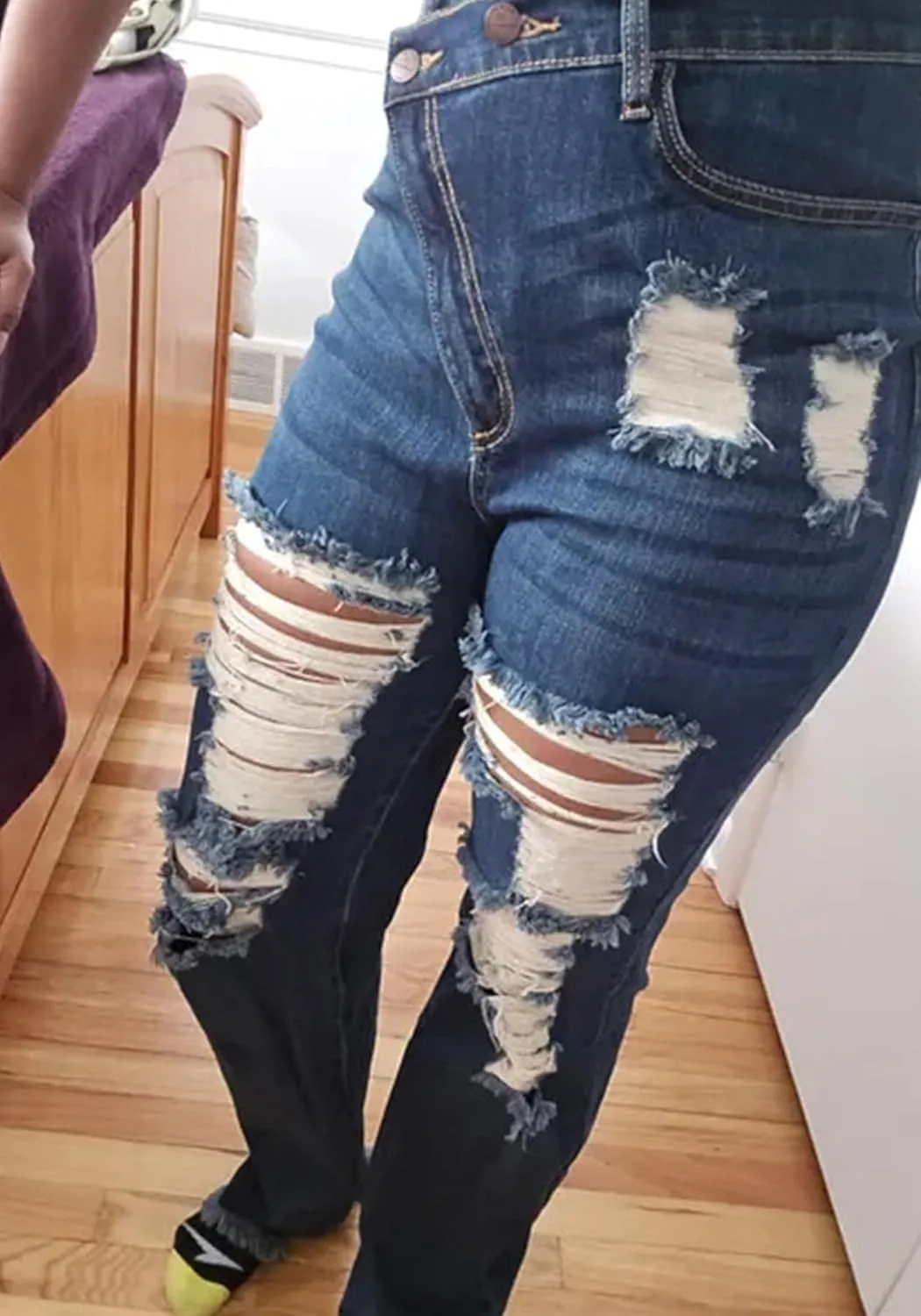 SHINFY Women's Skinny Ripped Jeans Y2K Asymmetrical High Waisted Bell Bottom Stretch Distressed Denim Pants