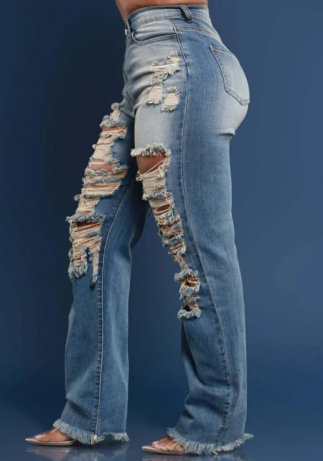 SHINFY Women's Skinny Ripped Jeans Y2K Asymmetrical High Waisted Bell Bottom Stretch Distressed Denim Pants