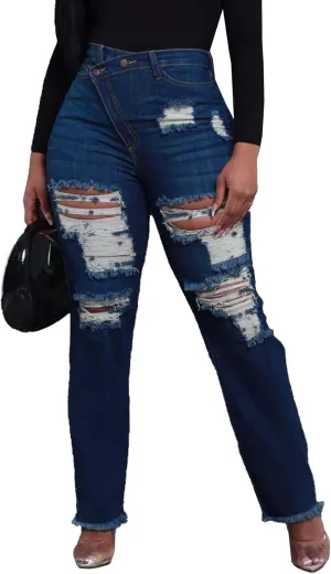 SHINFY Women's Skinny Ripped Jeans Y2K Asymmetrical High Waisted Bell Bottom Stretch Distressed Denim Pants