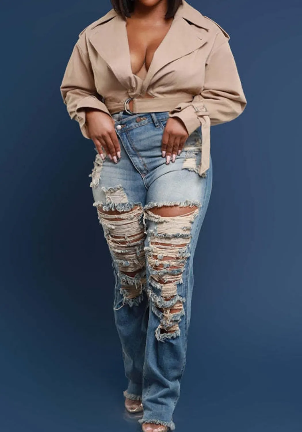 SHINFY Women's Skinny Ripped Jeans Y2K Asymmetrical High Waisted Bell Bottom Stretch Distressed Denim Pants