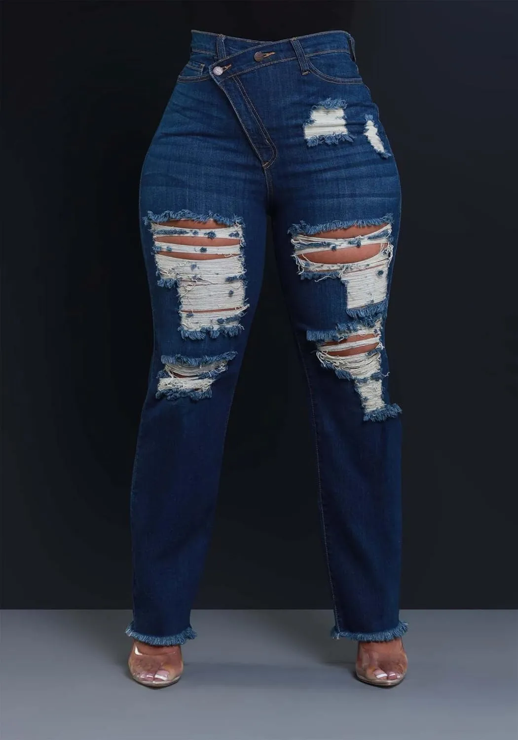 SHINFY Women's Skinny Ripped Jeans Y2K Asymmetrical High Waisted Bell Bottom Stretch Distressed Denim Pants