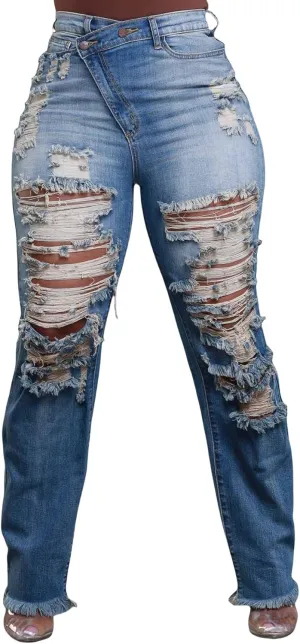 SHINFY Women's Skinny Ripped Jeans Y2K Asymmetrical High Waisted Bell Bottom Stretch Distressed Denim Pants