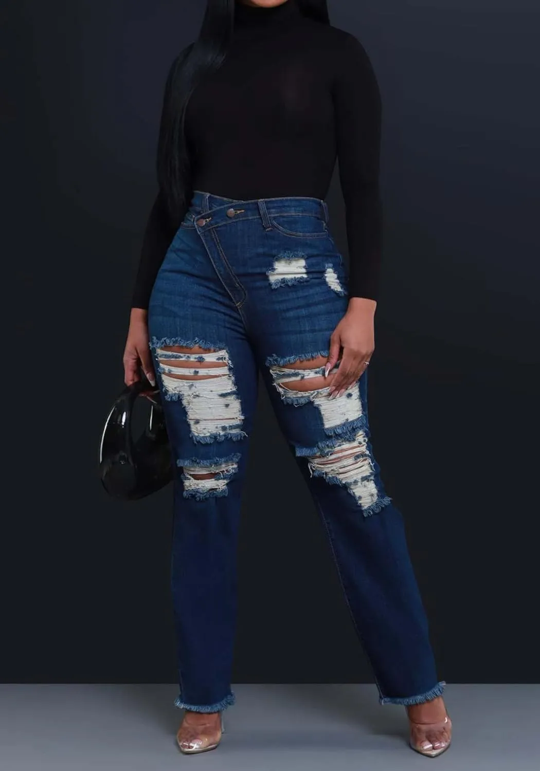 SHINFY Women's Skinny Ripped Jeans Y2K Asymmetrical High Waisted Bell Bottom Stretch Distressed Denim Pants
