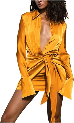 Shirt Dresses for Women 2025 Sexy Long Sleeve Satin Short Dress Slim Fit Mini Dress
