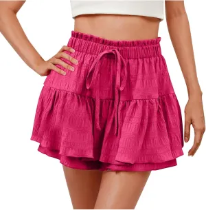 Skirts for Women Trendy Knee Length Casual High Elastic Waist Drawstring Double Ruffle Hem Loose Flowy Summer Skirts