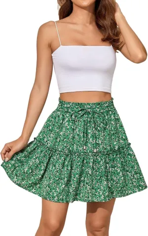 Skorts for Women Dressy Casual Pleated Tiered Flowy Mini Skirt High Waisted A-Line Boho Beach Skirts Summer Hawaiian