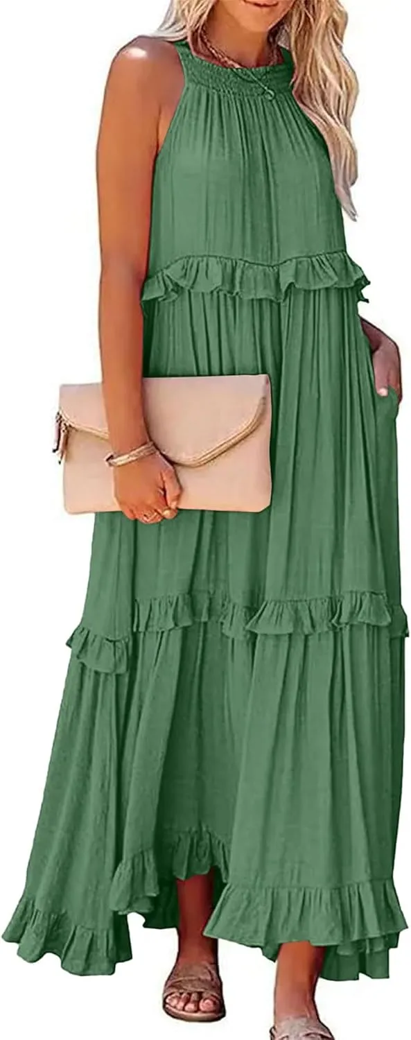 Smocked Maxi Dress for Women Flowy Round Neck Lace Up Sleeveless Dresses Summer Casual Tiered Ruffle Hem Tank Dress