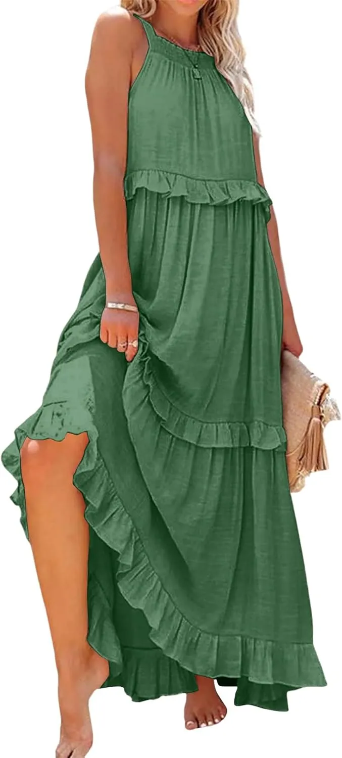 Smocked Maxi Dress for Women Flowy Round Neck Lace Up Sleeveless Dresses Summer Casual Tiered Ruffle Hem Tank Dress