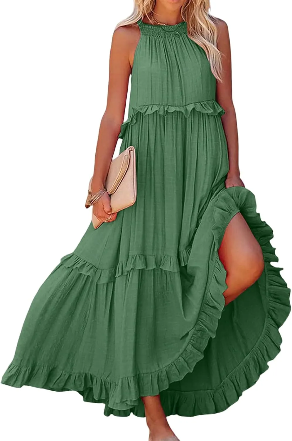Smocked Maxi Dress for Women Flowy Round Neck Lace Up Sleeveless Dresses Summer Casual Tiered Ruffle Hem Tank Dress