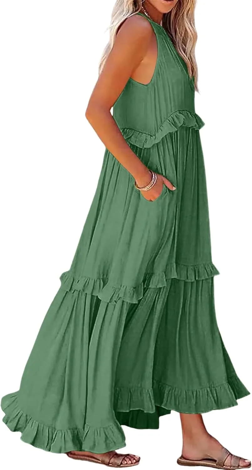 Smocked Maxi Dress for Women Flowy Round Neck Lace Up Sleeveless Dresses Summer Casual Tiered Ruffle Hem Tank Dress