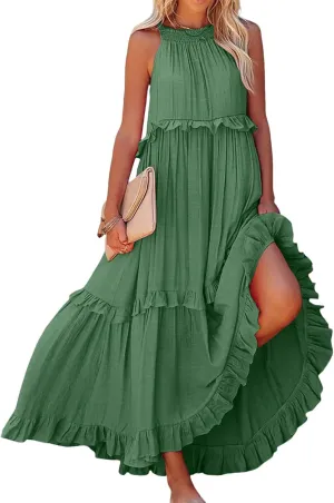 Smocked Maxi Dress for Women Flowy Round Neck Lace Up Sleeveless Dresses Summer Casual Tiered Ruffle Hem Tank Dress