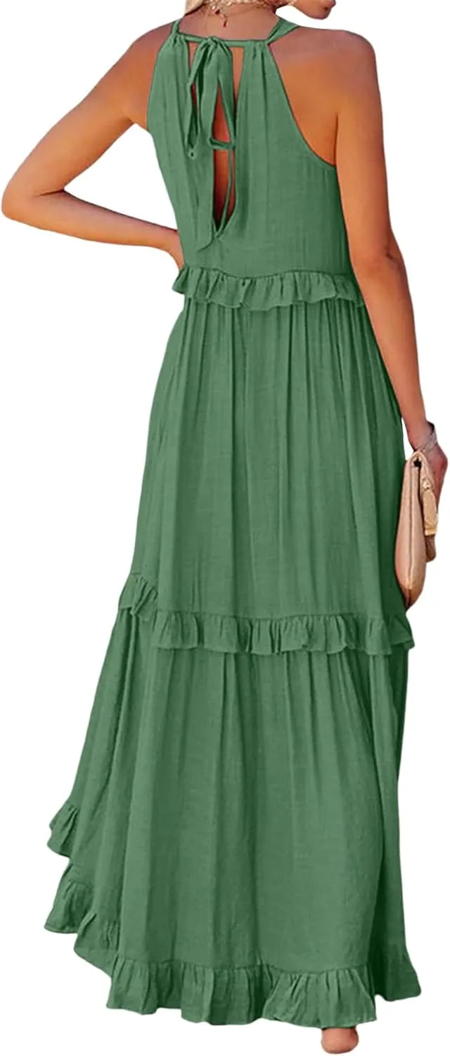 Smocked Maxi Dress for Women Flowy Round Neck Lace Up Sleeveless Dresses Summer Casual Tiered Ruffle Hem Tank Dress