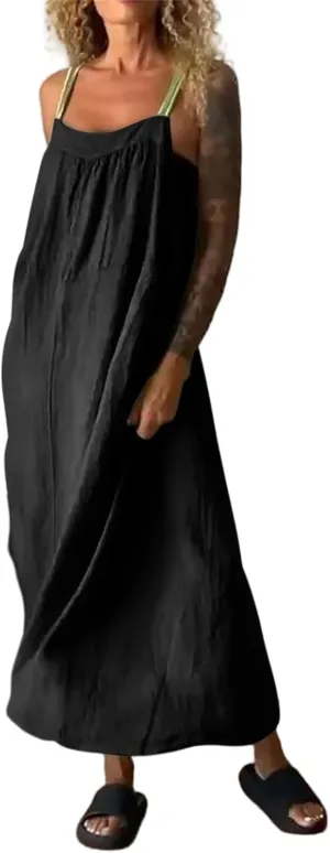 Spaghetti Strap Linen Dresses for Women Summer Casual Sleeveless Loose Dress Flowy Beach Lightweight Maxi Long Dress