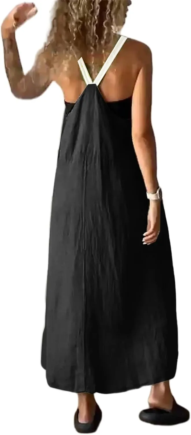 Spaghetti Strap Linen Dresses for Women Summer Casual Sleeveless Loose Dress Flowy Beach Lightweight Maxi Long Dress