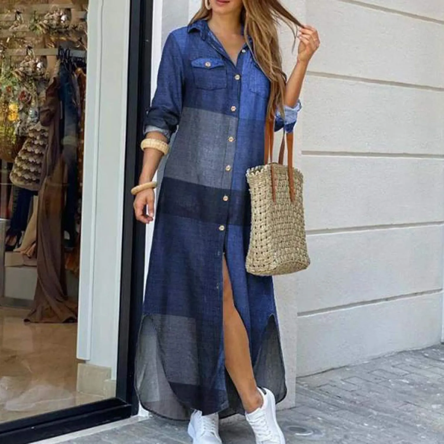 Spring Dresses for Women 2025,Womens Casual Graphic Long Sleeve Button Down Maxi Dress Side Slit Loose Shirt Dresses