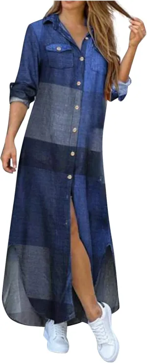 Spring Dresses for Women 2025,Womens Casual Graphic Long Sleeve Button Down Maxi Dress Side Slit Loose Shirt Dresses