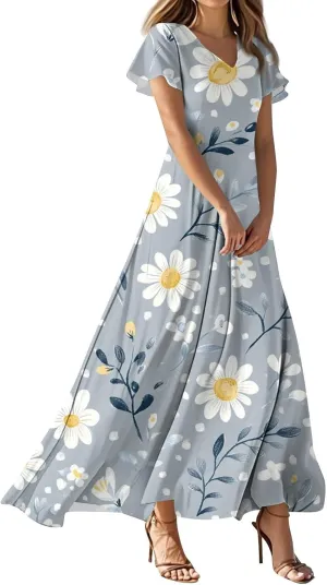 Summer Dress for Women Short Sleeve V-Neck Boho Floral Printed Flowy Swing Sundress Wedding Guest Dresses Long Dress