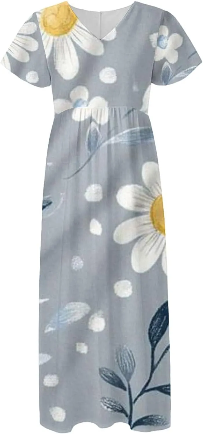 Summer Dress for Women Short Sleeve V-Neck Boho Floral Printed Flowy Swing Sundress Wedding Guest Dresses Long Dress