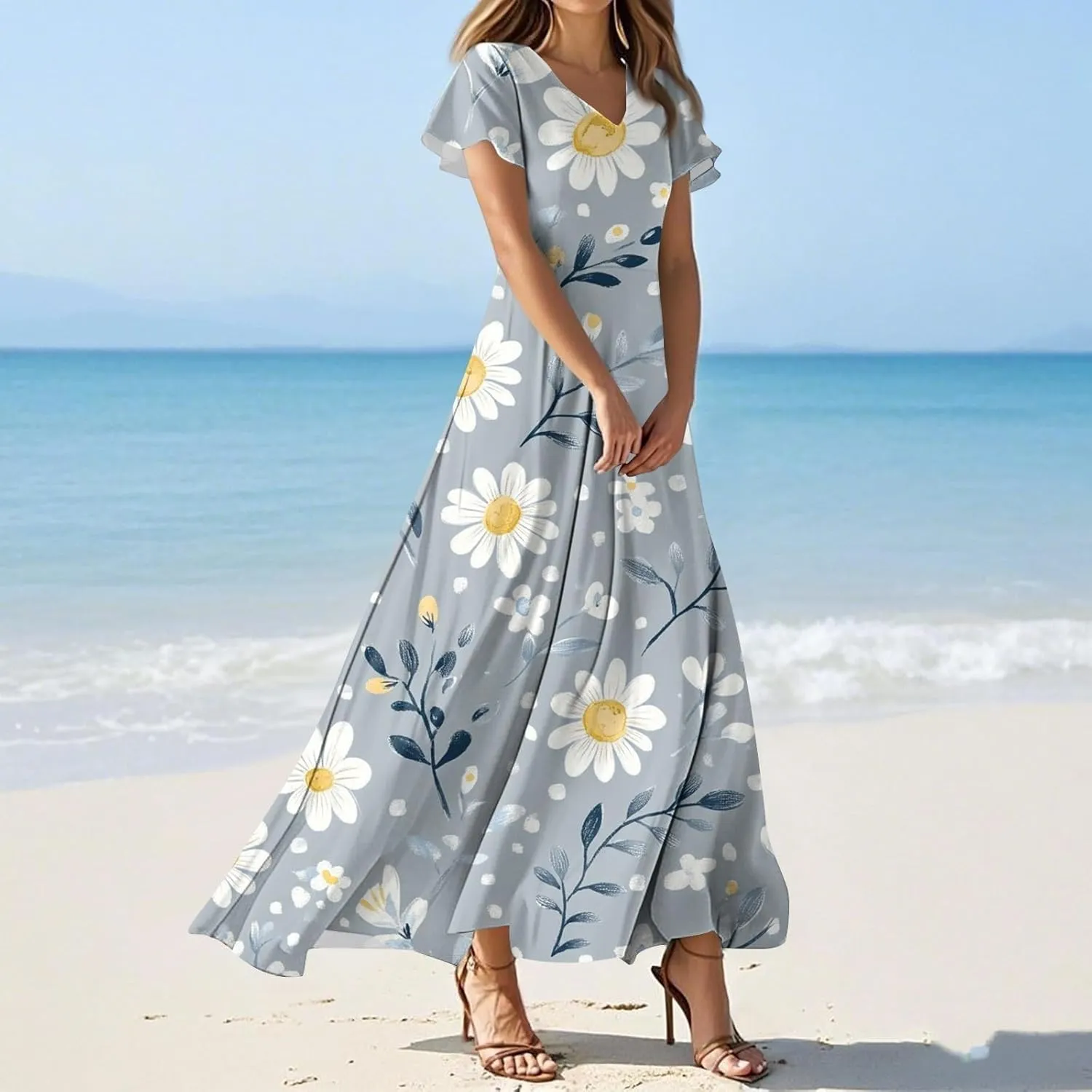 Summer Dress for Women Short Sleeve V-Neck Boho Floral Printed Flowy Swing Sundress Wedding Guest Dresses Long Dress