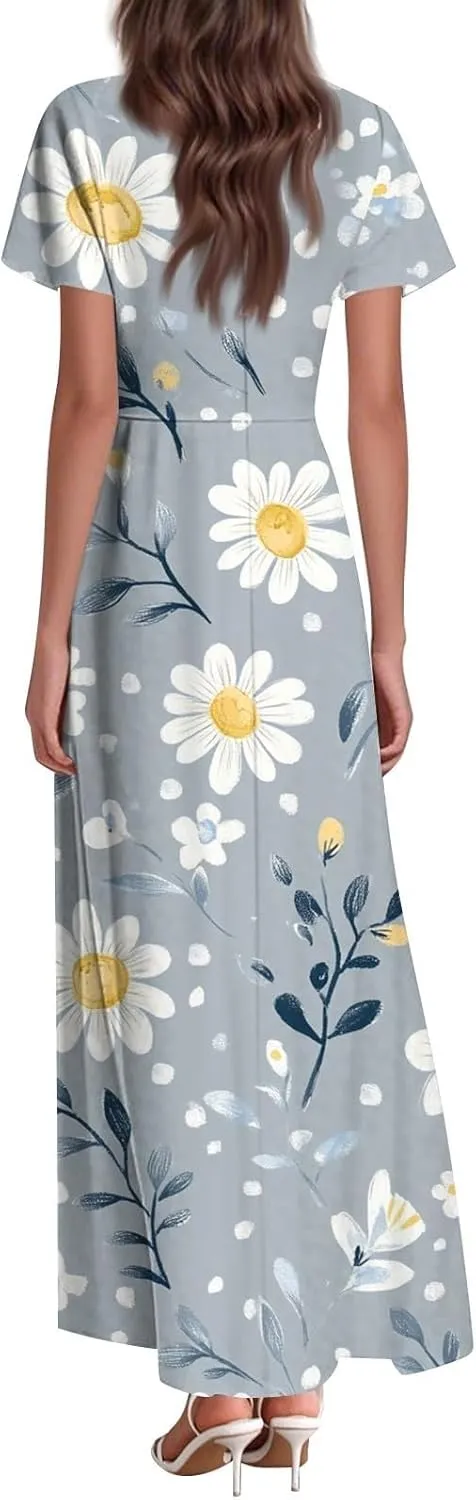 Summer Dress for Women Short Sleeve V-Neck Boho Floral Printed Flowy Swing Sundress Wedding Guest Dresses Long Dress