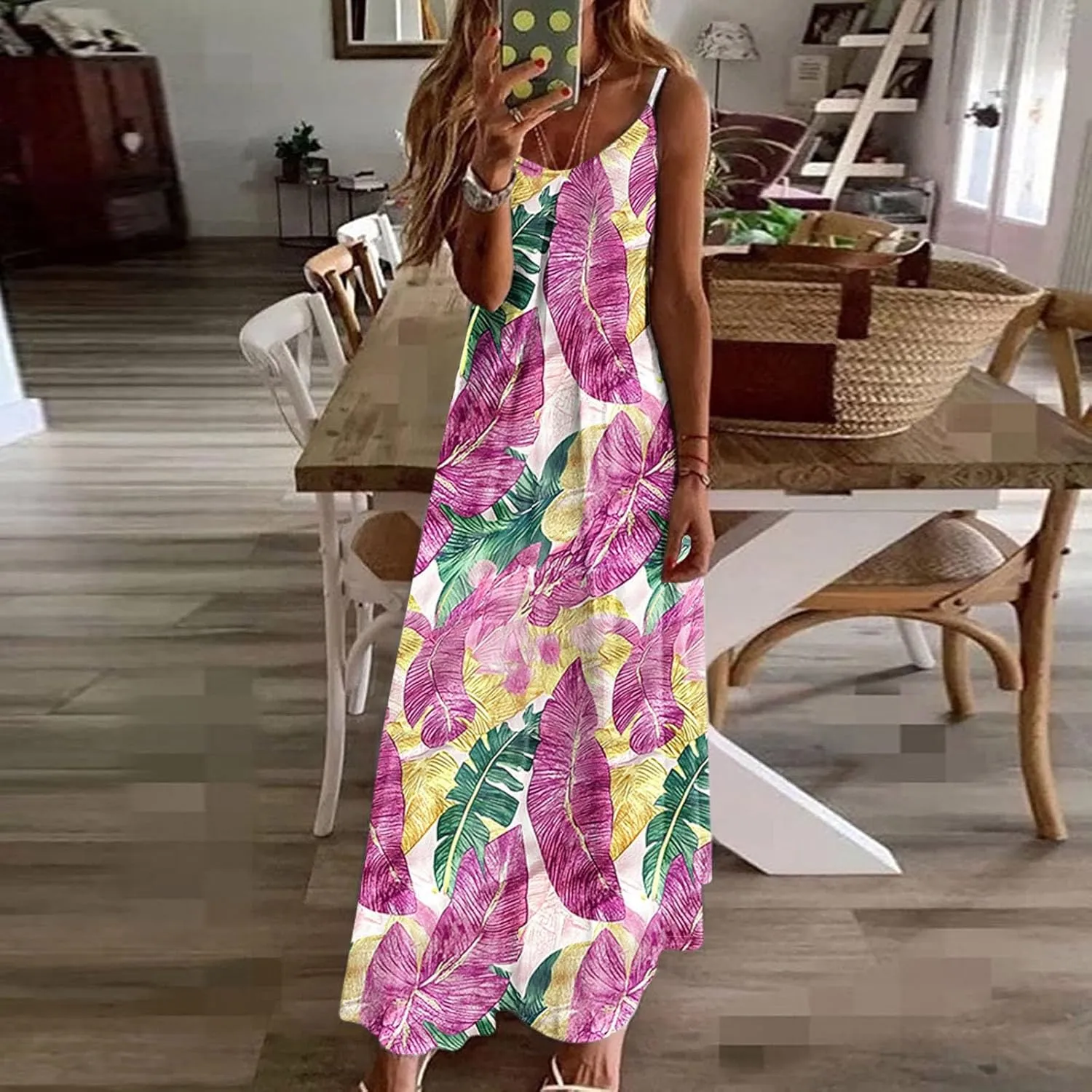 Summer Dresses for Women 2025 Beach Vacation Sleeveless Long Dress Floral Printed V Neck Casual Beach Boho Dress