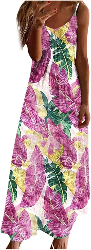 Summer Dresses for Women 2025 Beach Vacation Sleeveless Long Dress Floral Printed V Neck Casual Beach Boho Dress