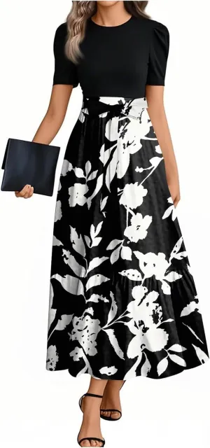 Summer Dresses for Women 2025 Short Sleeve Floral Long Dress Elegant Party Cocktail A Line Flowy Maxi Dress