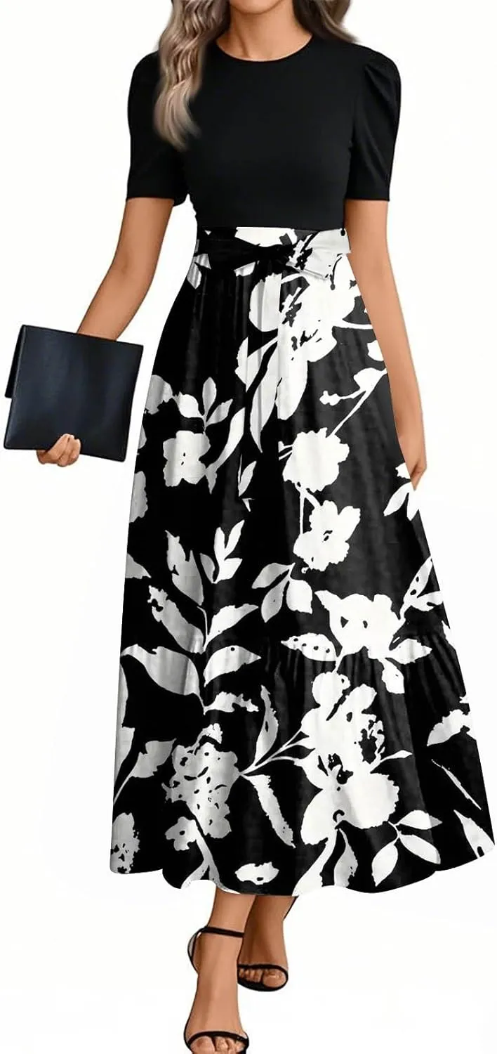 Summer Dresses for Women 2025 Short Sleeve Floral Long Dress Elegant Party Cocktail A Line Flowy Maxi Dress