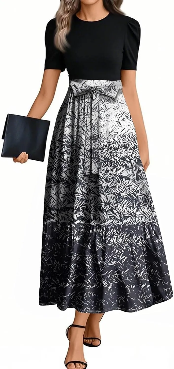Summer Dresses for Women 2025 Short Sleeve Floral Long Dress Elegant Party Cocktail A Line Flowy Maxi Dress
