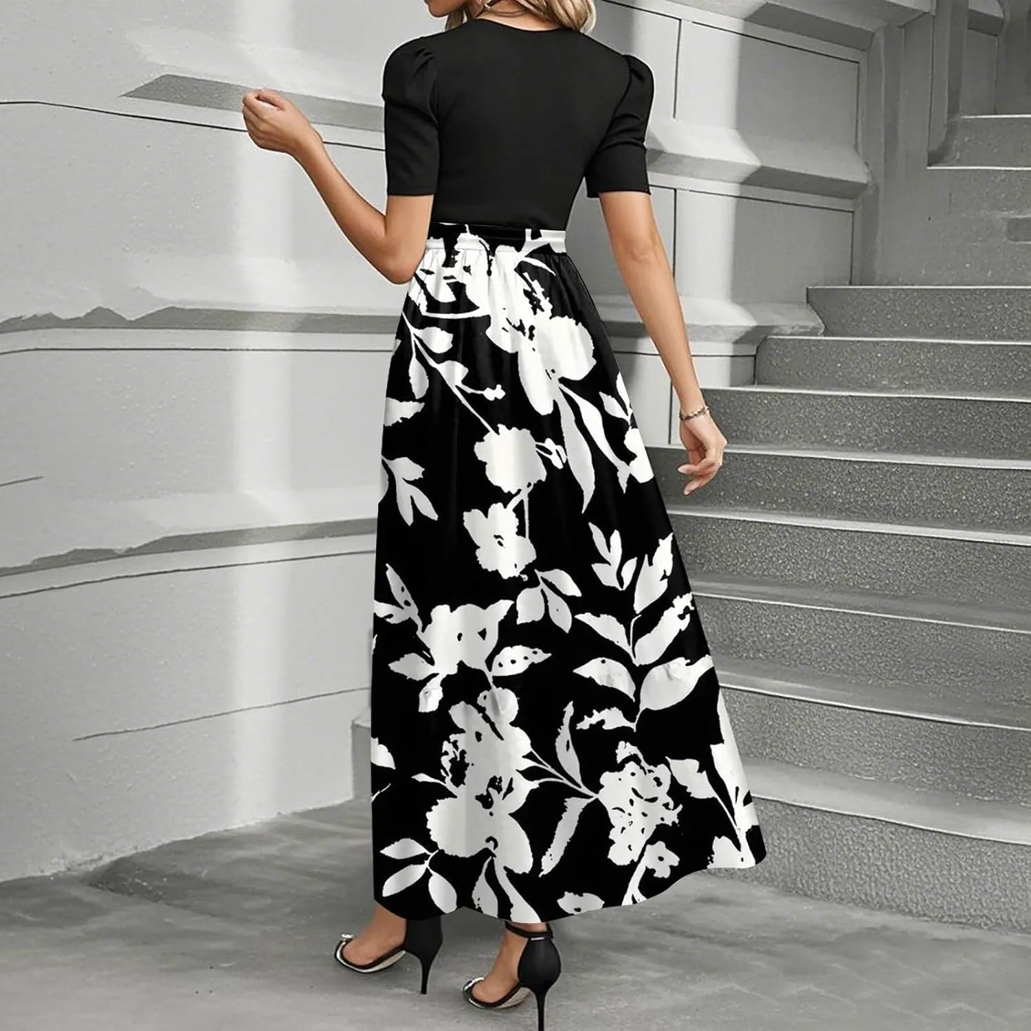 Summer Dresses for Women 2025 Short Sleeve Floral Long Dress Elegant Party Cocktail A Line Flowy Maxi Dress