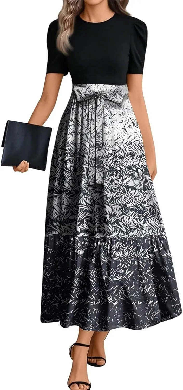 Summer Dresses for Women 2025 Short Sleeve Floral Long Dress Elegant Party Cocktail A Line Flowy Maxi Dress