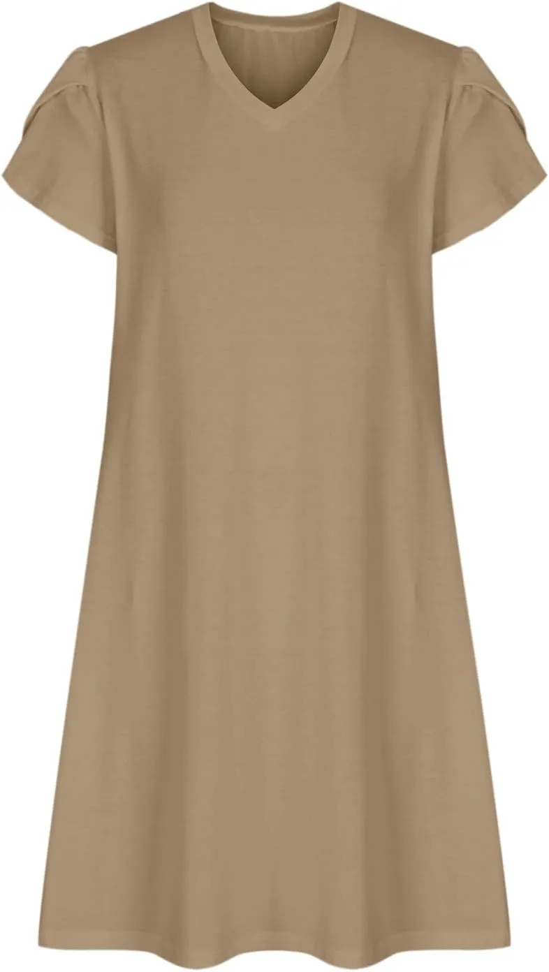 Summer Dresses for Women 2025 Short Sleeve V Neck Midi Dress Boho Beach Sundress Solid Color Casual Dress