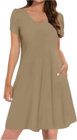 Summer Dresses for Women 2025 Short Sleeve V Neck Midi Dress Boho Beach Sundress Solid Color Casual Dress