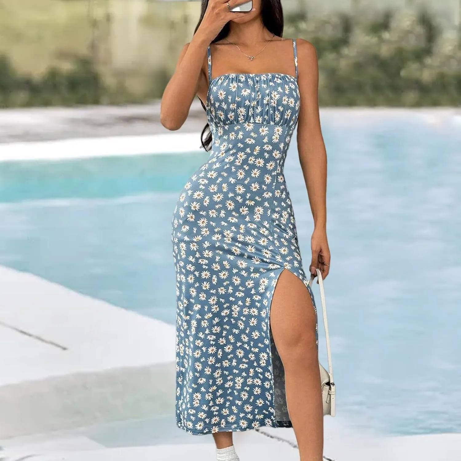 Summer Dresses for Women Boho Floral Spaghetti Strap Side Slit High Waist Long Dress Beach Vacation Sundress